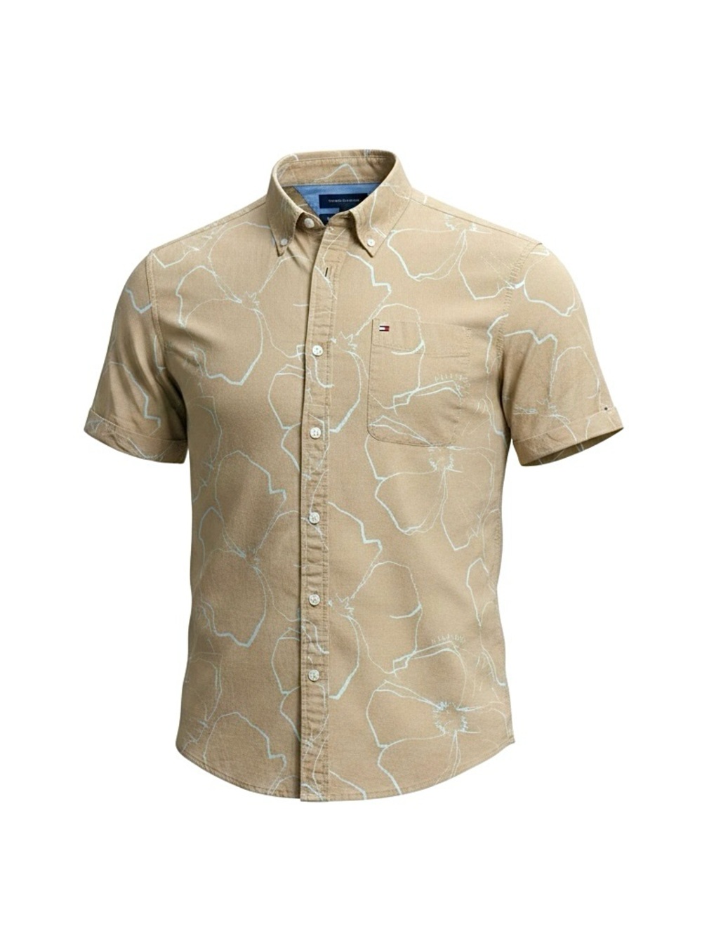 Tommy Hilfiger Men's Tan Short-Sleeve Floral Linen Cotton Button-Down Shirt